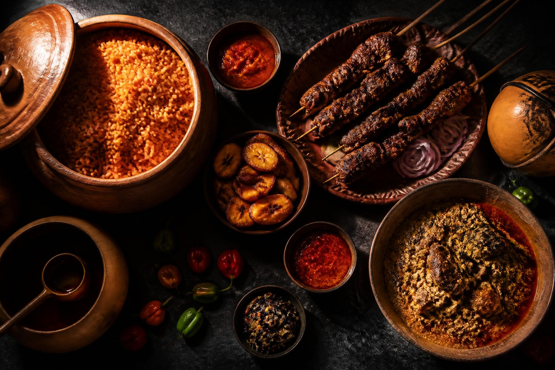 An overhead spread of West African dishes — jollof rice, suya skewers, fried plantain and egusi soup